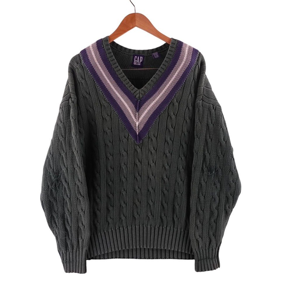 Vintage Gap Mens XL Cable Knit Sweater V-Neck Varsity Stripe Green Cotton